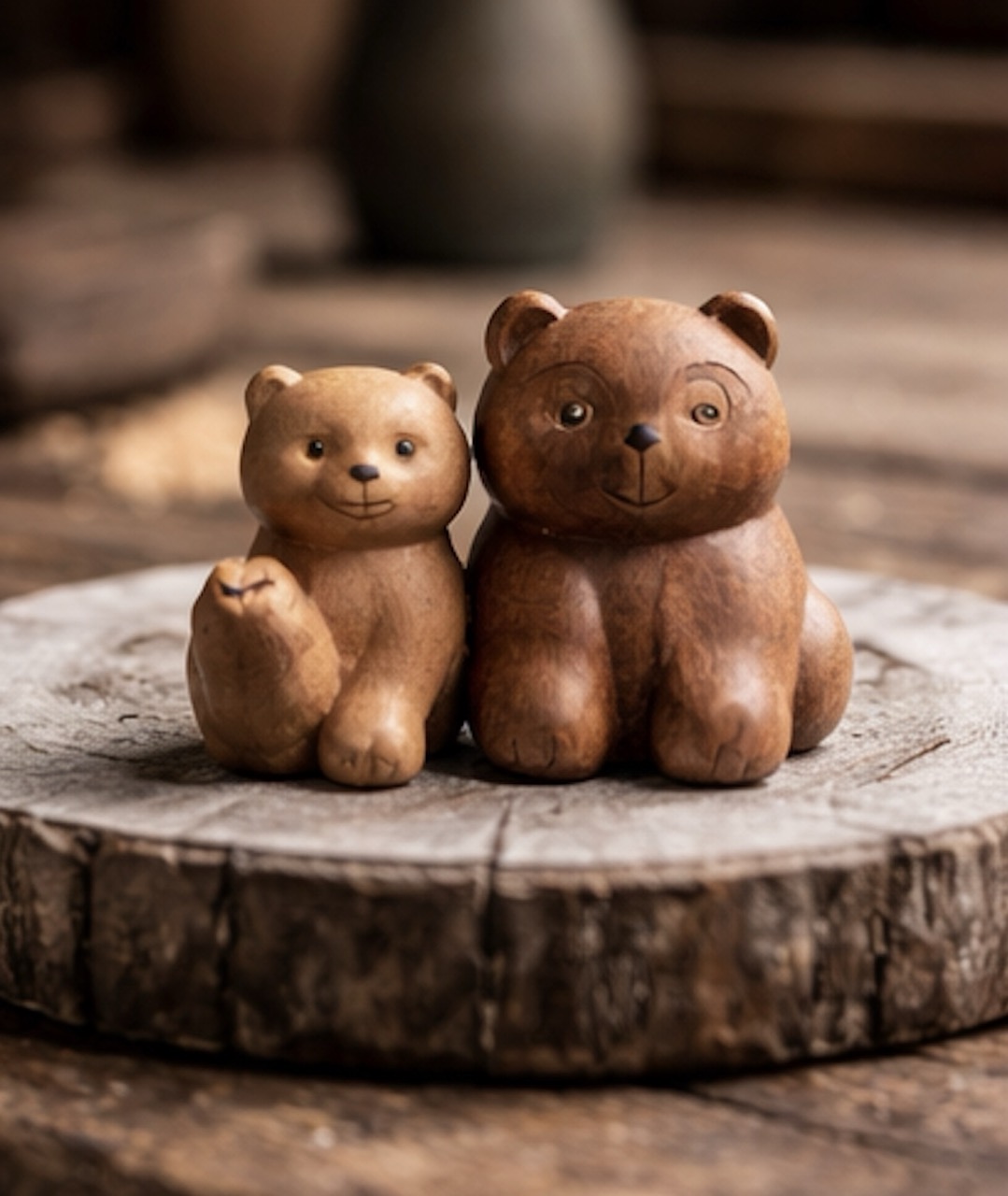 Two hand-carved wooden bear figures resting on a round wood slab
